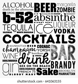 Different cocktails and ingredients, word cloud collage, design concept background