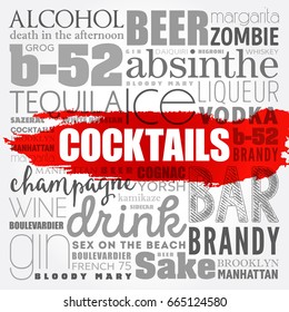 Different cocktails and ingredients, word cloud collage, design concept background
