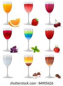 Different cocktails and juices on white