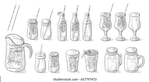 different cocktails limonade and glasses Hand drawn doodle vector illustration.