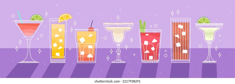 Different cocktails on the table. Illustration with alcoholic beverage. Vector bright hand draw illustration.Wall decoration, prints, menu design. Bloody Mary, Cuba libre, Mohito, Tequila Sunrise