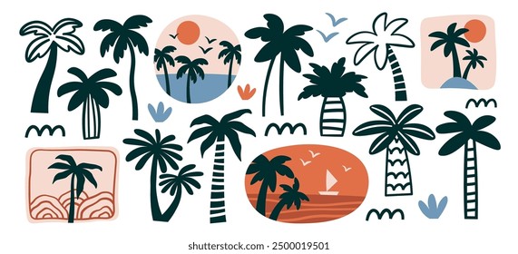 Different coconut palm trees jungle forest vegetation isolated set in colored doodle line style. Tropical rainforest plants design elements and exotic resort logo childish drawing vector illustration