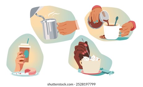 Different coffee beverages preparation recipes set. Barista hands frothing milk in pitcher, adding caramel, whipped cream, coffee in disposable cup. Making delicious drink in coffee shop illustration