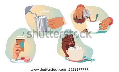Different coffee beverages preparation recipes set. Barista hands frothing milk in pitcher, adding caramel, whipped cream, coffee in disposable cup. Making delicious drink in coffee shop illustration