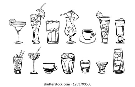 Different coffee and cocktail drinks set. Hand drawn outline cartoon vector sketch. Black on white background