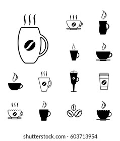 Different Coffee Cup Icons Isolated on White Background
