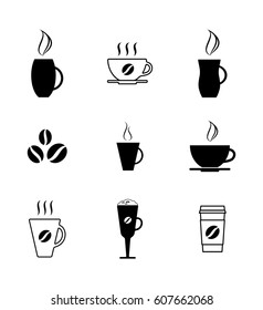 Different Coffee Cup Icons Isolated on White Background