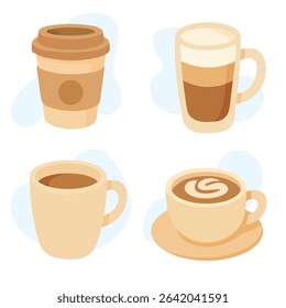 Different coffee cups display a range of popular coffee beverages in a clean design, perfect for coffee lovers and aesthetic enthusiasts alike.