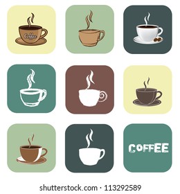 Different coffee cups over vintage squares. Vector illustration