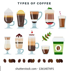 Different coffee drinks. Espresso, macchiato, chocolate, ristretto, mocha, irish, cocoa, frappe, glace, americano, latte, cappuccino. Vector illustration for cafe and restaurant menu, banner, flyer.