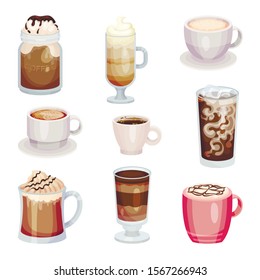 Different Coffee Drinks Isolated On White Background Vector Set