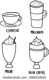 Different coffee drinks isolated on white background. Espresso macchiato chocolate ristretto mocha irish cocoa frappe glace americano latte cappuccino.