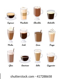 Different coffee drinks isolated on white background. Espresso, macchiato, chocolate, ristretto, mocha, irish, cocoa, frappe, glace, americano, latte, cappuccino.