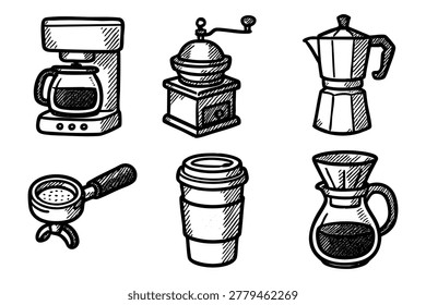 Different coffee equipment hand drawn doodle icons set simple design