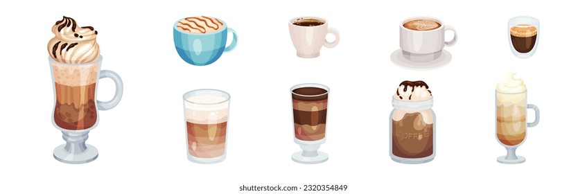 Different Coffee with Froth and Cream in Ceramic Cup and Glass Vector Set
