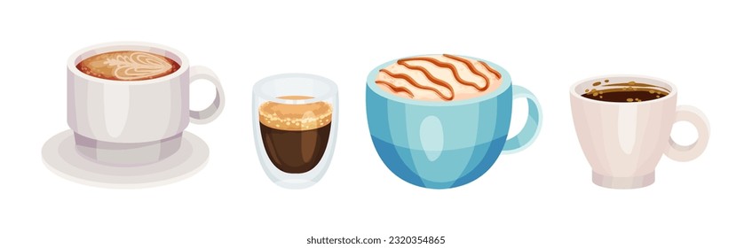 Different Coffee with Froth and Cream in Ceramic Cup Vector Set