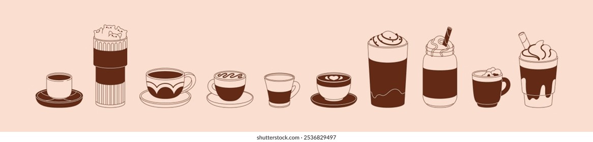 Diferente café en tazas de vidrio. Varias bebidas de café negro con leche. Signos de capuchino, moca, espresso, macchiato. Iconos de bebidas calientes y heladas en tazas. Describir Ilustraciones vectoriales aisladas