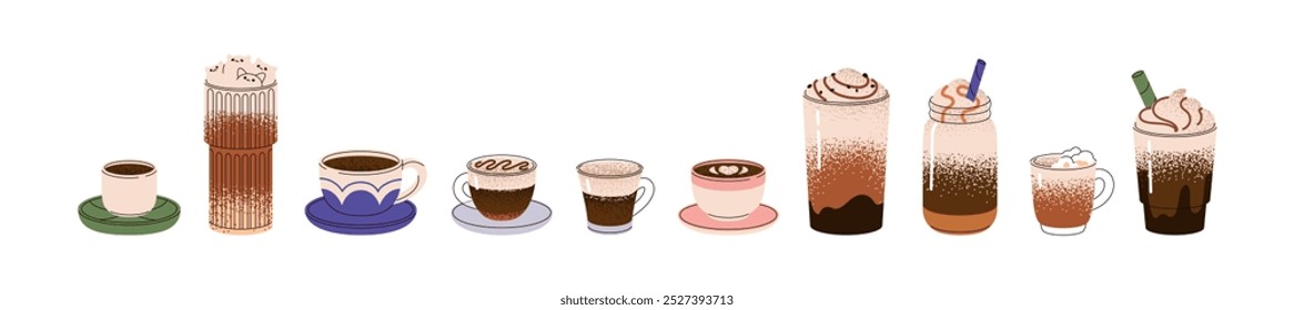 Diferentes cafés en vasos. Varias bebidas de café en tazas: capuchino, mocha, espresso, macchiato. Bebidas calientes y heladas con leche en la cafetería. Ilustraciones vectoriales aisladas planas sobre fondo blanco