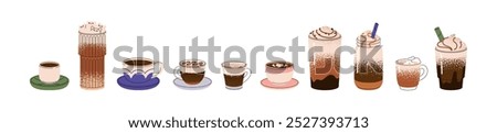 Different coffee in glasses set. Various coffe drinks in cups: cappuccino, mocha, espresso, macchiato. Hot and ice beverages with milk in cafe. Flat isolated vector illustrations on white background