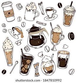 Different coffee kind hand drawing chalkboard layout. Hot espresso, americano, iced, irish, latte, cappuccino, frappe, bean, sugar stick, cinnamon in glass or takeaway cup vector illustration on white