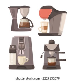 Different coffee machines vector illustrations set. Equipment or tool for making hot drinks at home or coffee shops isolated on white background. Beverage, morning, breakfast concept
