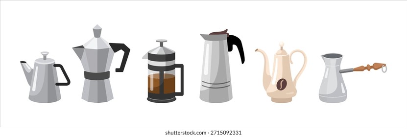Different Coffee pots collection. Cartoon style, flat design. Vector illustration. Coffee makers icons