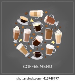 Different coffee types including espresso, macchiato, chocolate, ristretto, mocha, irish, cocoa, frappe, glace, americano, latte, cappuccino in circle shape on chalkboard background. Perfect for menu.