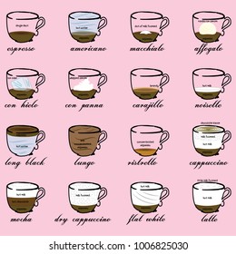 different coffee types. proportions. color drawing. Vector illustration style.
