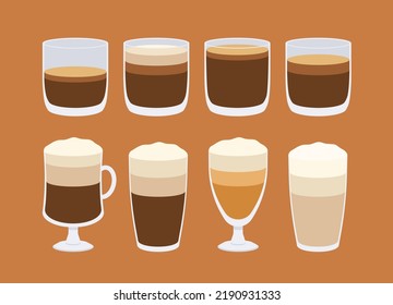 Different coffee types vector set in flat style on brown background.
Espresso, americano, latte, cappuccino, macchiato, frappe. 