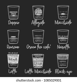 Different coffee in vintage style drawing with chalk on the blackboard. 
