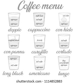 Different coffee in vintage style drawing with pencil on white paper.