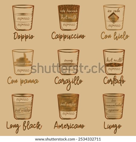 Different coffee in vintage style drawing with golden stripe line on the craft paper