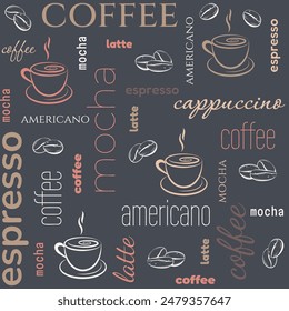 different coffee words seamless pattern design 