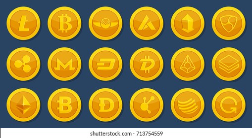 Different coins of crypto currency. Virtual electronic money. Bitcoin pictures in cartoon style. Cryptocurrency golden coin money bitcoin and litecoin, vector illustration