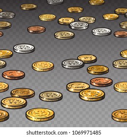 Different coins isolated on transparent background. Seamless border. Metal money gold silver copper nickel on the surface in perspective. Cartoon hand drawn sketch style vector illustration.