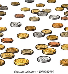 Different coins isolated on white background. Seamless border. Metal money gold silver copper nickel on the surface in perspective. Cartoon hand drawn sketch style vector illustration.