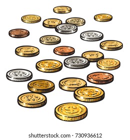 Different coins isolated on white background. Hand drawn sketch style vector illustration.