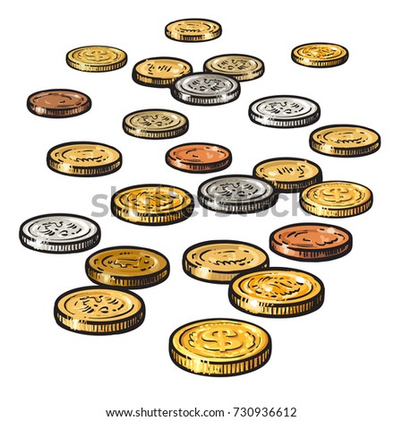 Different coins isolated on white background. Hand drawn sketch style vector illustration.