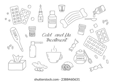 Diferentes conjuntos de tratamiento para la gripe y el frío, esquema vectorial plano de estilo doodle para libro de coloración