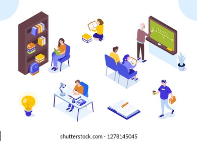 Different college students studying. Can use for web banner, infographics, hero images. Flat isometric vector illustration isolated on white background.