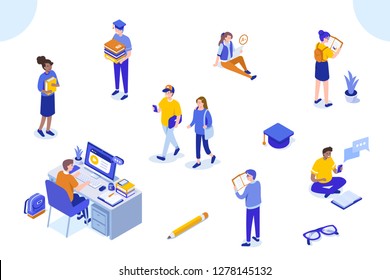 Different college students studying. Can use for web banner, infographics, hero images. Flat isometric vector illustration isolated on white background.