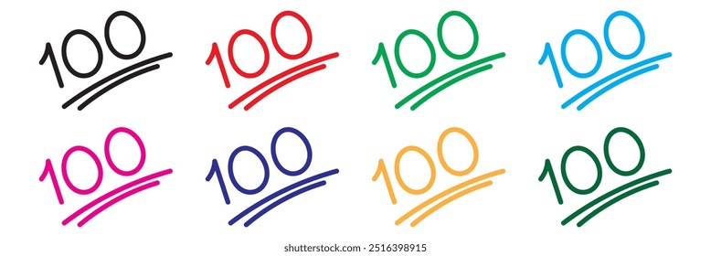 Different color of 100 number logo design in paint brush grunge strokes. Black, red, blue, orange, green hundred number hand draw design. Vector graphic of 100 number hand draw sign.