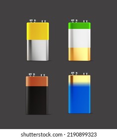 Different color 9v batteries set. 3d vector clipart