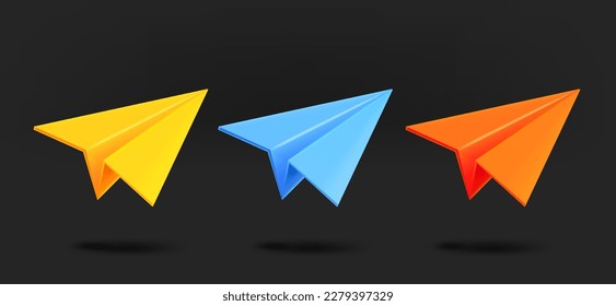 Different color airplane icons collection. 3d vector isolated on black background