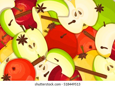Different color apples with spice background. Yellow, red and green apple fruits and anise cinnamon cloves appetizing looking for the packaging of juice, breakfast, healthy eating, vegetarian