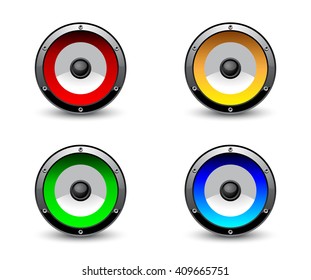 Different color audio speaker set isolated on white background