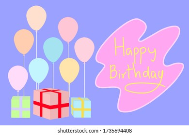 Different color of Balloons and gift boxes on the purple background with text. Happy birthday greeting card. Party and celebration moment. Handwriting font.