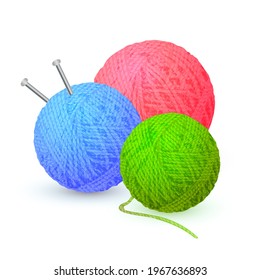 Different color balls of yarn threads. Bundles of wool for knitting isolated on white background. Realistic detailed colored yarn balls with knitting needles. Skeins of wool. Vector illustration EPS10