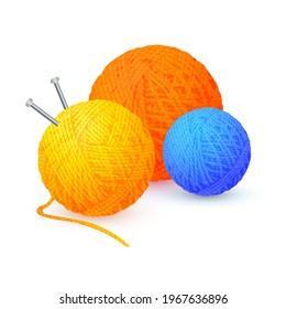 Different color balls of yarn threads. Bundles of wool for knitting isolated on white background. Realistic detailed colored yarn balls with knitting needles. Skeins of wool. Vector illustration EPS10