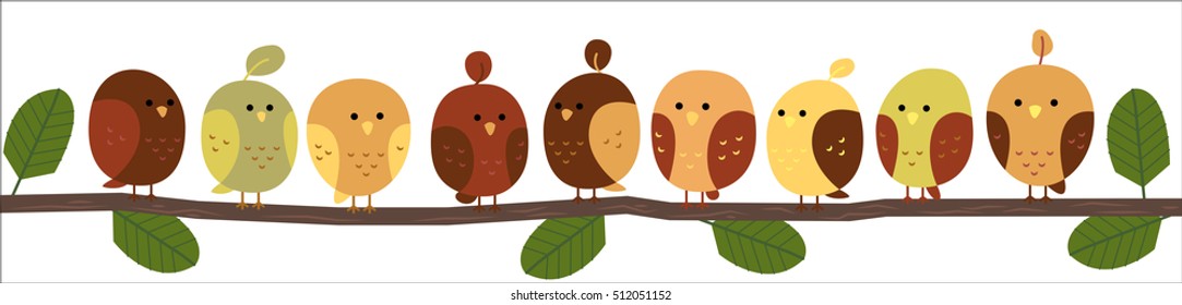 different color birds on a branch